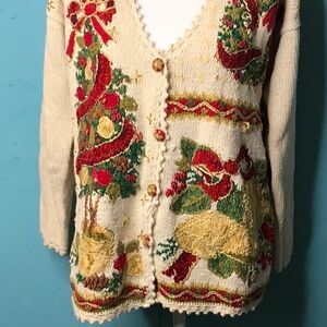 Vintage Christmas embroidered appliqué cardigan sweater